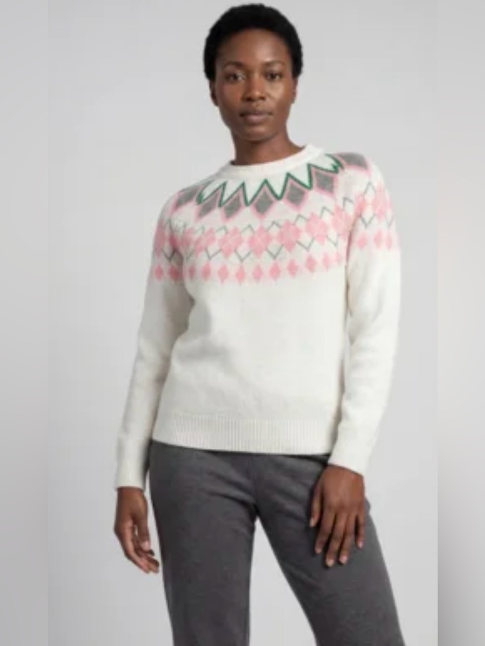 S. Christina 100% Cashmere Crewneck Fair Isle Sweater in White and Pink